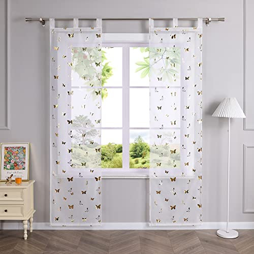 HeichkelL Voile Schiebegardinen Transparent Vorhang Schmetterling Muster Flächenvorhänge 2er Set Panneaux Gardinen Gold mit Schlaufen BreitexHöhe 57x145 cm
