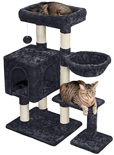 Yaheetech Árbol Rascador para Gatos Medianos 80x39.5x96 cm Torre para Gatos Juguete de Gatos de Sisal con Nidos y Hamaca Negro