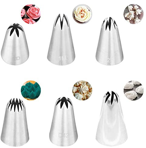 6Pcs Piping Nozzles Set(2D, 1M, 2F, 6B, D42, 108E) Icing Nozzles Piping Tips Large Cake Decorating Tools for Cakes, Cupcakes(Size:6Pack)