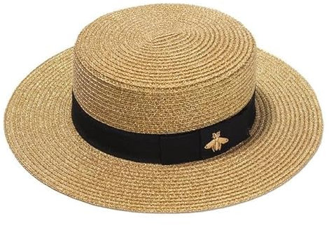 Sombrero de Paja de Papel Protector Solar de Moda Primavera Verano Sombrilla Plana británica Sombrero de Playa de Abeja Dorada-Dorado Brillante, 55-58 (tamaño Adulto)