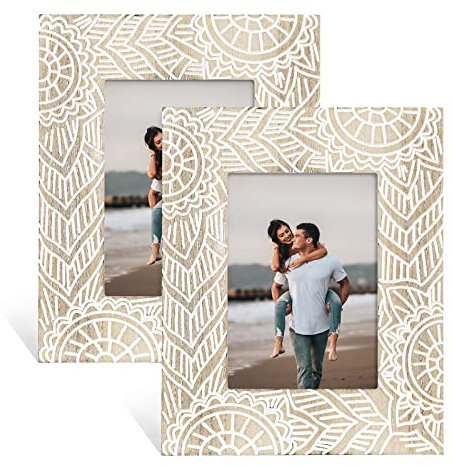 FOLKOR Boho-Bilderrahmen, 10,2 x 15,2 cm, 2 Stück, graviert, Bauernhaus-Hochzeits-Bilderrahmen, Bohemia, dekorativer Bilderrahmen mit Ständer für Tischregal, Dekoration, einzigartiges Geschenk für