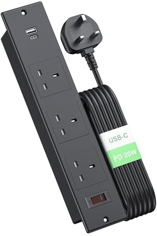 Recessed Power Socket, Haylink Desk Plug Socket with 3 UK Plugs, 2 USB Ports, 2M/6.56FT Cable, Furniture Socket with Overload Switch for End Table, Sofa, Cabinet, Black