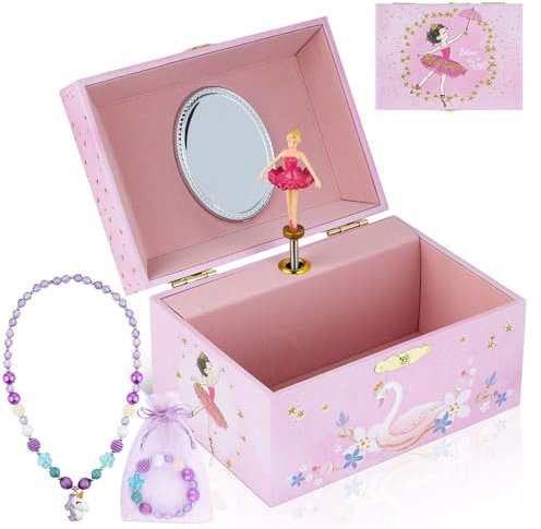 hombrima Musik-Schmuckkästchen mit Halskette, Armband, Musik-Schmuck-Aufbewahrungsbox mit drehender Ballerina, Geschenk-Set für Kinder, Mädchen, Kinder, Tochter