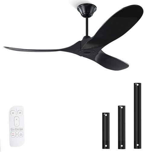 MSHENUED Solid Wood Ceiling Fan No Lights, 52 Inch Modern Black Propeller Ceiling Fans with Remote Noiseless DC Motor 6 Wind Speed, Damp-Rated Indoor Outdoor Ceiling Fan for Patio Bedroom