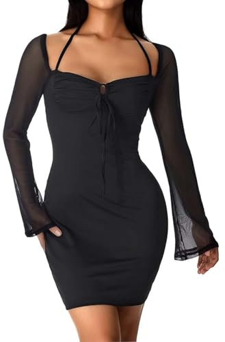 Gkaopi Women's Sexy Mini Bodycon Dresses Flared Transparent Long Sleeves Chest Tied Bow Tie Low Cutout Dresses Short Club Party Nightclub Dress Black