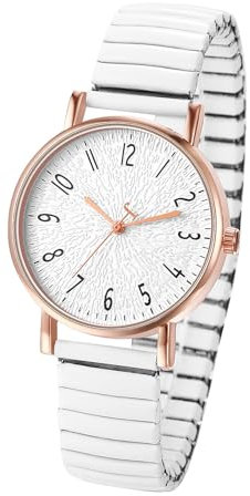 JewelryWe Uhren Damen Elastisch Edelstahl: Einfache Analog Quarz Armbanduhr Frauen Weiß Edelstahl Stretch Armband Uhr mit leicht ablesbar arabischen Zahlen Zifferblatt