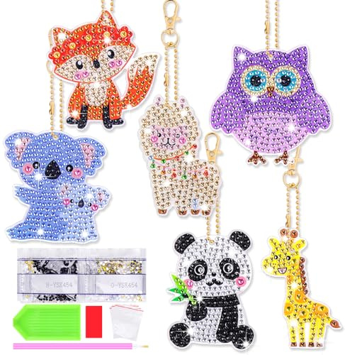 Yotako Lot de 6 porte-clés de peinture diamant 5D pour enfants Bricolage Double face Pendentif de peinture diamant Cadeau pour fille 6, 8, 10, 12 ans