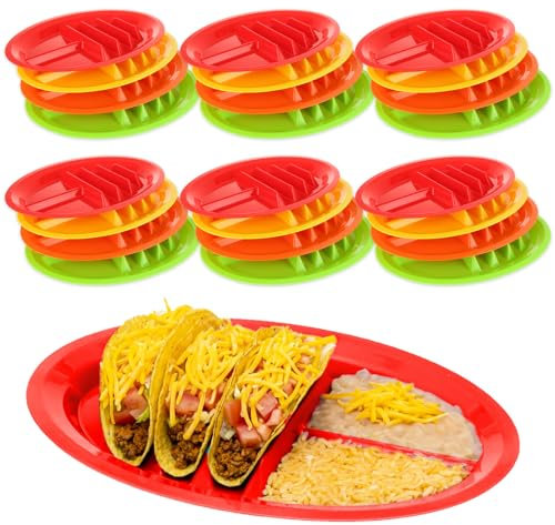 Confezione da 12 piatti in plastica per tacos con divisori, vassoi colorati per taco giorno, taco martedì, per guscio morbido e duro, senza BPA, adatti al microonde e alla lavastoviglie