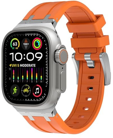 Shesyuki Sport Silicone Strap Compatible with Apple Watch Ultra 2 / Ultra 49mm 45mm 44mm 42mm for Men, iWatch Ultra/Ultra 2 SE Series 9 8 7 6 5 4(Silver Adapter-Orange)