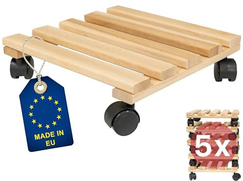 ITA Ensemble de 5 Supports Roulants pour Plantes Carrés 30x30 cm en Bois de Hêtre - Capacité de Charge 120 kg - Intérieur et Extérieur - Fabriqué en UE
