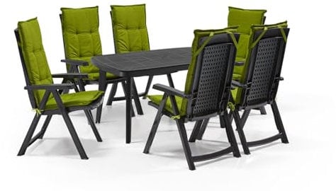 SCHAFF Shaf Milano 7-TLG. Outdoor-Essgruppen-Set | Klappstühle anthrazit | mit grauen Polstern | Wetterfest | Klappsessel (Polster: Grün, Set: Anthrazit)