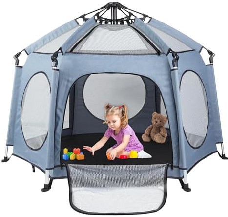 Smocraut Faltbarer Baby-Laufstall mit UV50+-geschütztem Baldachin, 450D Oxford Mesh Pop-up-Zelt groß 6-eckig mit Sonnenschutz, Reise-Laufstall mit Tragetasche für Haus, Garten, Strand, Outdoor