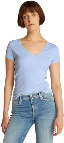 Tommy Jeans Damen T-Shirt Kurzarm Slim Essential Rib V-Ausschnitt