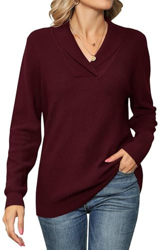 Cuptacc Jersey para mujer de manga larga, cuello de pico, elegante, cuello de punto, jersey para mujer, monocolor, borgoña, S