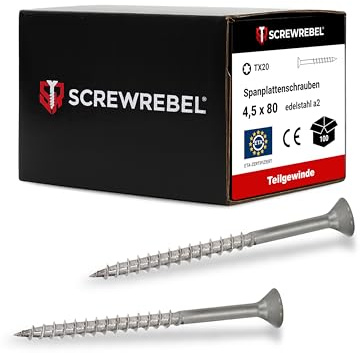 SCREW REBEL® Spanplattenschrauben 4,5x80 mm [100 Stück] – Edelstahl A2 rostfrei mit Teilgewinde & Senkkopf – TX20 Antrieb – Holzschrauben mit ETA-Zulassung