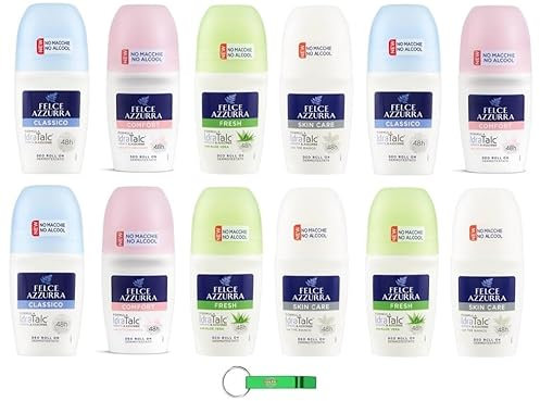 12 confezioni di test Felce Azzurra – Deodorante Roll On con Formula IdraTalc, efficacia 48 ore, senza macchie, senza alcool, deodorante 50 ml + portachiavi Beni Culinari