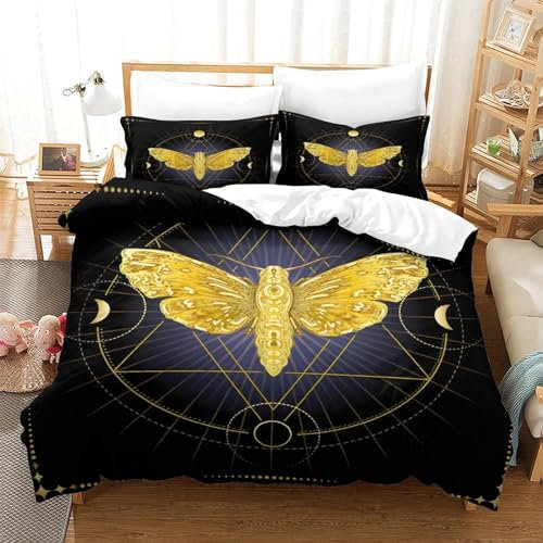 GDEKCIEAS Goldene Motte – Mondphasen Bettbezug Set 3D Gedruckter Bettwäschegarnitur Für Kinder Mädchen Jungen Bettwäsche Und Kissenbezüge Weich Microfaser Reissverschluss 3 Teilig Single（140x200cm）