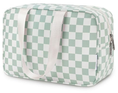 Karierte Kulturtasche Damen Gross, Kulturbeutel Groß Damen Kosmetiktasche Waschtasche Make up Tasche Organizer für Kinder and Frauen (Mintgrünes Schachbrett)