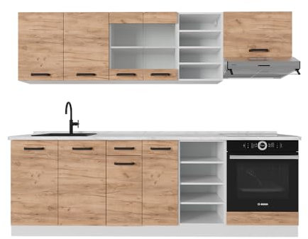 Vicco Küchenzeile R-Line, Goldkraft Eiche/Weiß, 240 cm AP Marmor