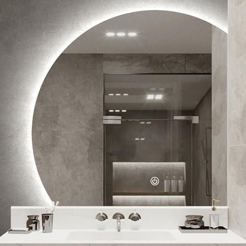Specchio a mezzaluna, specchio a mezzaluna a parete, specchio irregolare 1/4 rotondo illuminato, oscuramento one-touch, dimmerabile, controllo touch intelligente, adatto for bagno, camera da letto(35.
