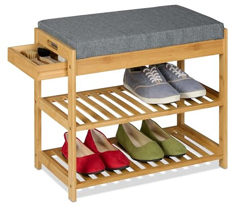 Relaxdays Panca Scarpiera per Ingresso, 2 Ripiani Portascarpe, Cuscino e Cassetto, 49x55x30cm, bambù, Naturale Grigio