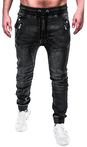 Herren-Denim-Jogginghose, Herren-Jeans mit elastischer Taille, schmale Passform, mit Reißverschlusstaschen, zum Überziehen, robuste Arbeitshose, Denim-Hose, klassisch, Used-Look, Herrenjeans, Schwarz
