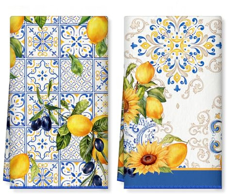 Arquiel Torchons De Cuisine Microfibre Vaisselle Lot de 2, Serviettes de Cuisine Torchon Vaisselle, Doux et Super Absorbant Accroche Très Serviettes de Bar 40 x 60CM Citron D'été