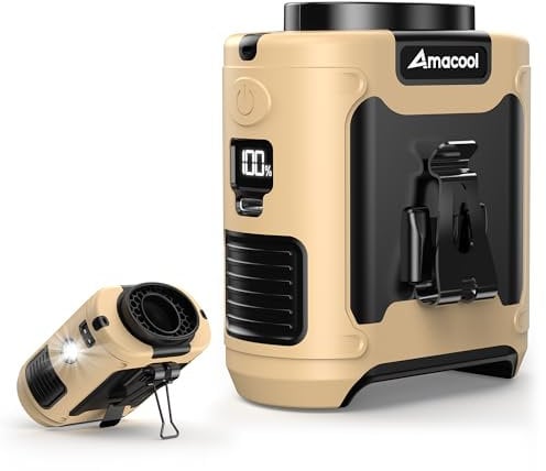 Amacool Portable Waist Fan Clip On,MAX 40H Work Time,10000mAh Rechargeable Wearable Shirt Fan with Light,16000RPM Powerful 5 Speeds Belt Fan Personal Cooling Fan (Khaki)