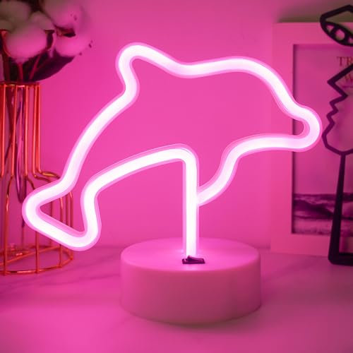 Panneau lumineux néon à DEL en forme de dauphins alimentés par USB ou 3 piles AA, avec base de support pour décoration de chambre, fête, mariage, anniversaire, festival