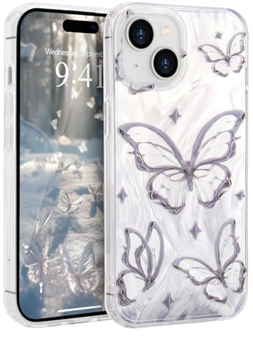 L-FADNUT for iPhone 15 Case for Women Girls, Glitter Silver Cute Butterfly Pattern Phone Case, Trendy Shiny Soft Slim Protective TPU Anti-scratch Aesthetic Cover for iPhone 15, Silver