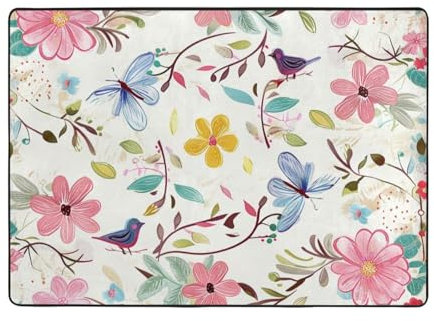 Romantischer, ausgefallener Teppich mit Blumenmuster, Vögel, Schmetterling, bedruckt, für Wohnzimmer, Teppich, Bodenmatte für Schlafzimmer, Zuhause, Esszimmer, Spielzimmer, 203 x 147 cm
