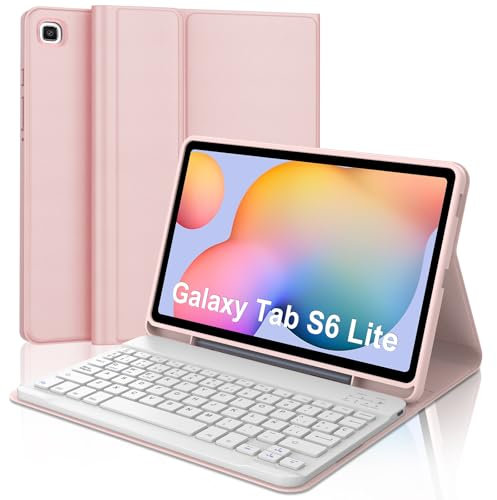 WAVATA Funda con Teclado para Samsung Galaxy Tab S6 Lite 10.4, Tecla España Ñ para Galaxy Tab S6 Lite 10.4'',Bluetooth Desmontable Teclado para Samsung Tablet S6 Lite, Rosa