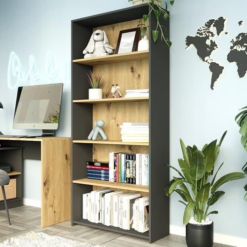 Bücherregal, Holzregal, Regale | 4 Ablagen, minimalistisch & langlebig | 80x30x180 cm | Anthrazit Mix Artisan