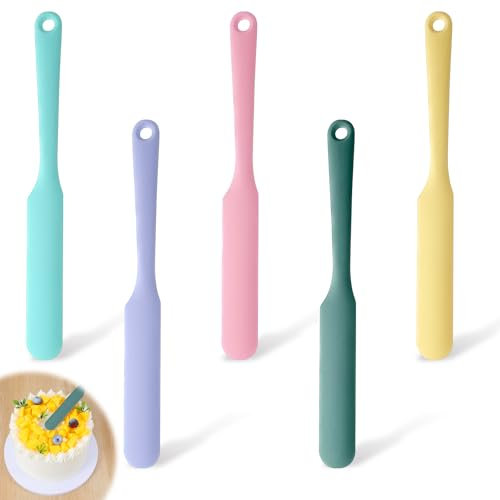 Oruola 5 Pcs Silicone Cake Scraper,Silicone Jar Scraper Spatula,Baking Scrapers with Long Handle,Heat-Resistant Cake Spatulas for Baking,Cooking,Mixing,and Decorating Cakes(5 Colors)