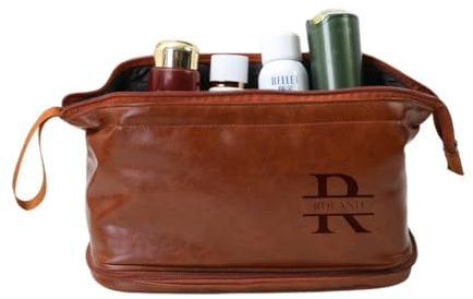 Trousse de toilette personnalisée en cuir pour homme, kit de voyage Dopp gravé, kit de rasage étanche et grande capacité, cadeau pour la fête des pères, anniversaire, voyage, marron, L, Fermeture