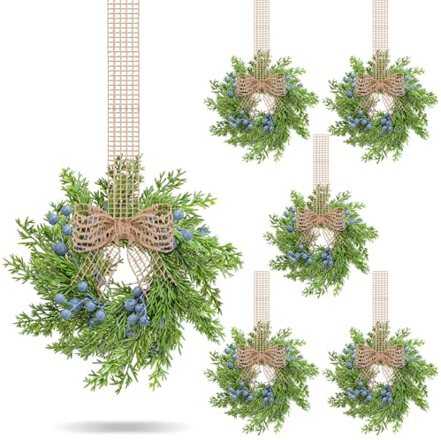 VioraWhite 6 Stück Vintage-Weihnachtskranz, Mini-Küchenkränze mit Retro-Leinenband, künstliche hängende Girlanden für Bauernhaus, rustikales Zuhause, Haustür, Fenster, Stuhl, Wand, Innen- und