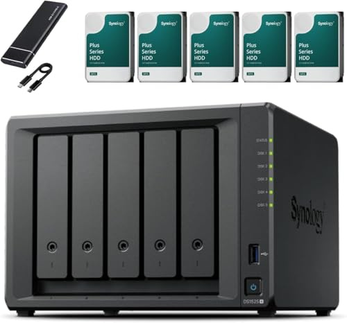 Synology DS1525+ 5-Bay NAS Server Set (8GB RAM, 10TB Speicher) - 5 x 2TB NAS Festplatten, Hochleistungs-Desktop-Netzwerkspeichergerät - inkl. externer SSD