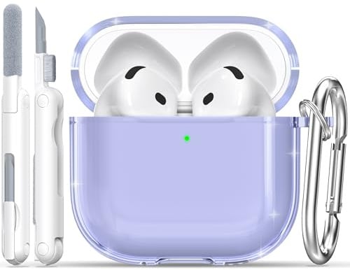RFUNGUANGO AirPods 4 Hülle Transparent TPU Reinigungsset, Lila | Weiche transparente TPU-Schutzhülle passend für Apple AirPods 4 Modell 2024 mit praktischem Reinigungsset