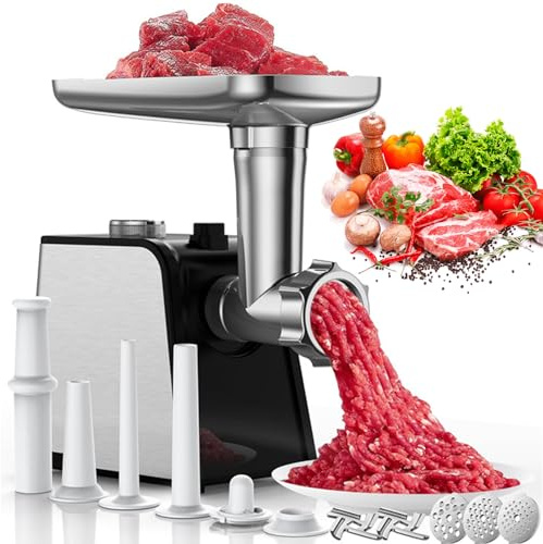 3 en 1 Hachoir à Viande Électrique, Hachoir Électrique avec 3 Plaques, 2 Lames en Acier Inoxydable et Kit Kubbe, Hachoir a Viande Professionnel pour Faire Viande Hachée et Saucisses Maison