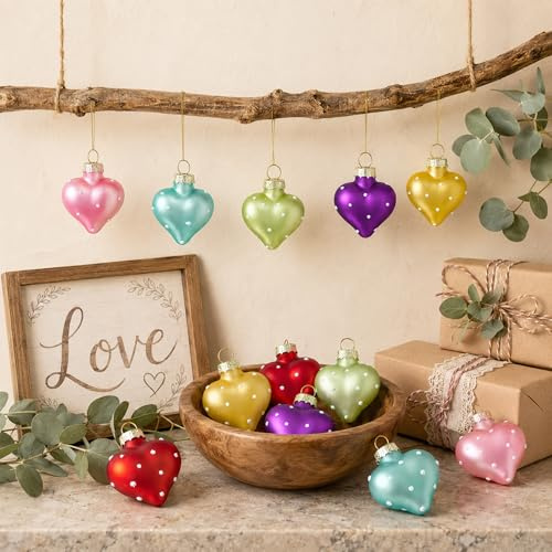 12er-Pack herzförmige Glas-Ornamente 38 mm – Mini Herzkugeln & Partydeko | Herzförmige Glas-Ornamente, handgefertigt, 38mm. Deko & Ornament für Hochzeit, Party oder Zuhause. Mit Aufhängung.
