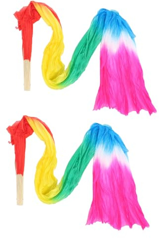 GARVALON 2pcs Gradient Colorful Belly Dance Fans with Long Silk Veils Lightweight Folding Veils for Stage Performances and Outdoor Competitions