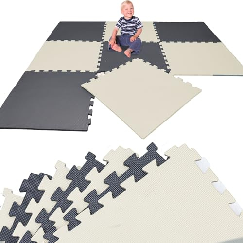 LittleTom Spielmatte Baby Puzzlematte Beige & Grau - 8 Matten je 50x50 cm Krabbelmatte 200x100 Bodenmatte Kinder - Puzzle Teppich Kinderzimmer Matte - Bodenschutzmatte Spielteppich - Eva Schaumstoff