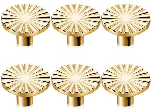 TUBAWD 6PCS Gold Drawer Knobs, Drawer Knobs, Door Knobs Round Single Hole Hardware with Stylish Smooth Handles for Dresser, Cupboard, Wardrobe, Kitchen Cabinets and Furniture
