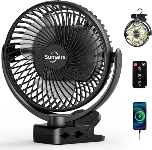 Sumairs 8 Clip on Fan, 10000mAh Rechargeable Camping Fan with Max 58H Battery, Remote, LED Light & Power Bank, 3 Speeds, 360° Rotate Desk/Hanging Tent Fan Portable for Outdoor,Travel, Gym & Office F3