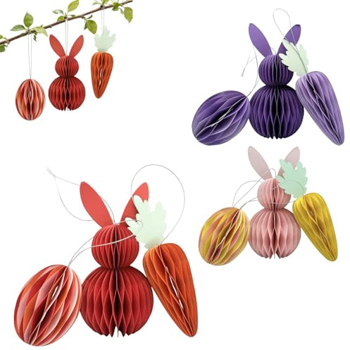 9 Stücks Papier Ostereier Hase Waben zum Aufhängen für Osterdeko Innen Draußen Deko Frühling, 3D Hängende Wabenbälle Deko Eier Osterhase Hängendedeko, Faltbarer, Wiederverwendbare