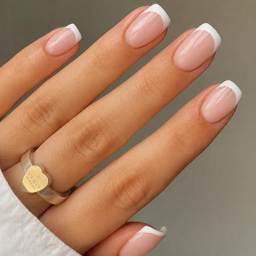 24PCS French Press on Nails - Short False Nails French Tip - Square Fake nails with Glue - Nude Stick on Nails White Tip - 12 Sizes Acrylic Nail Tips - Glue on nails for Women DIY french Manicure
