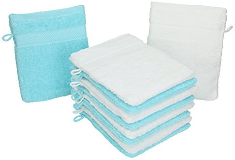 Betz 10 Stück Waschhandschuhe Palermo 100% Baumwolle Waschlappen Set Größe 16x21 cm Farbe weiß und türkis