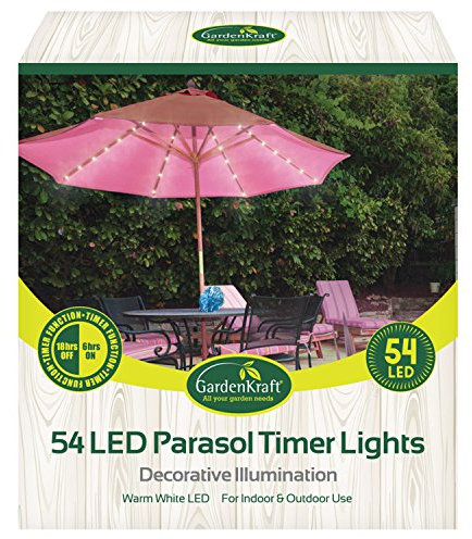 GardenKraft 17660 54 Warm White LED Parasol Lights / Auto Timer Functionality / Indoor or Outdoor String Lights / Battery Operated