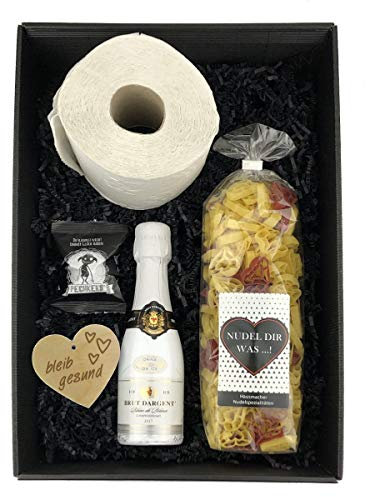 Geschenkbox 'Alles wird gut!' / für Frauen/Klopapier/Toilettenpapier/Sekt/Notfallbox, Holzherzen:Kleines Holzherz 'Bleib gesund'