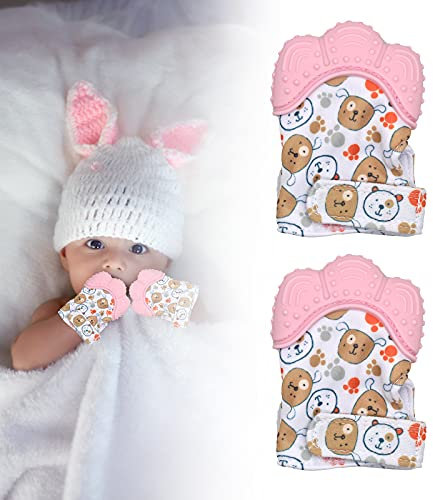 Angzhili 2 Pack Teething Mittens for Baby, Safe Silicone Mitten Teether Glove, Prevent Scratches Protection Gloves Soothing Pain Relief Mitt Stimulating Teething for Baby (Pink)